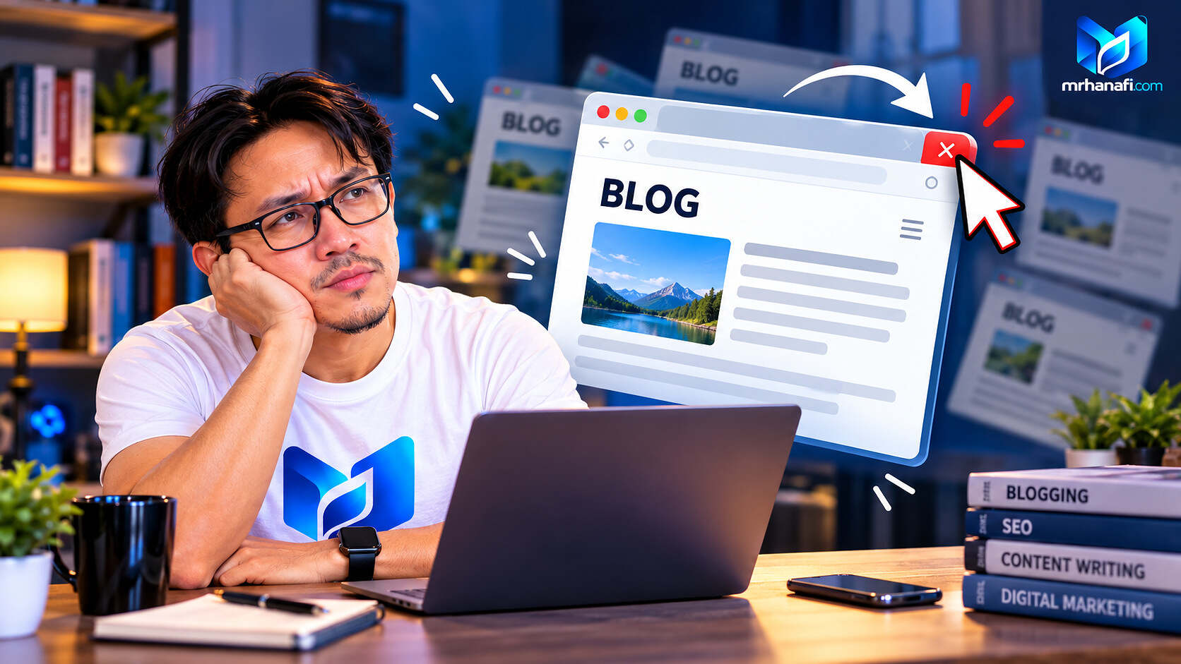 Ilustrasi blogger bosan menutup tab blog, cara mulakan post blog dengan cerita